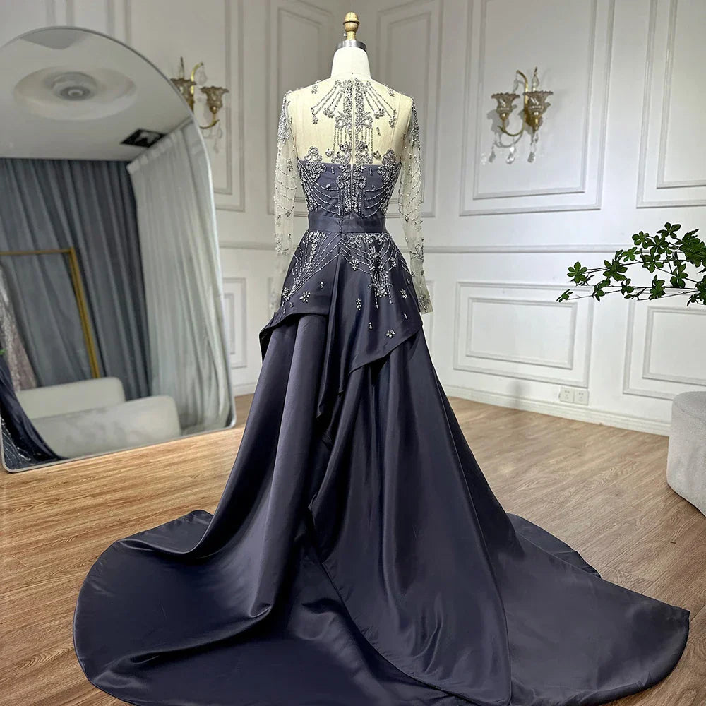 Luxury Dubai Blue Crystal Beaded Evening Dress with Overskirt LA72757
