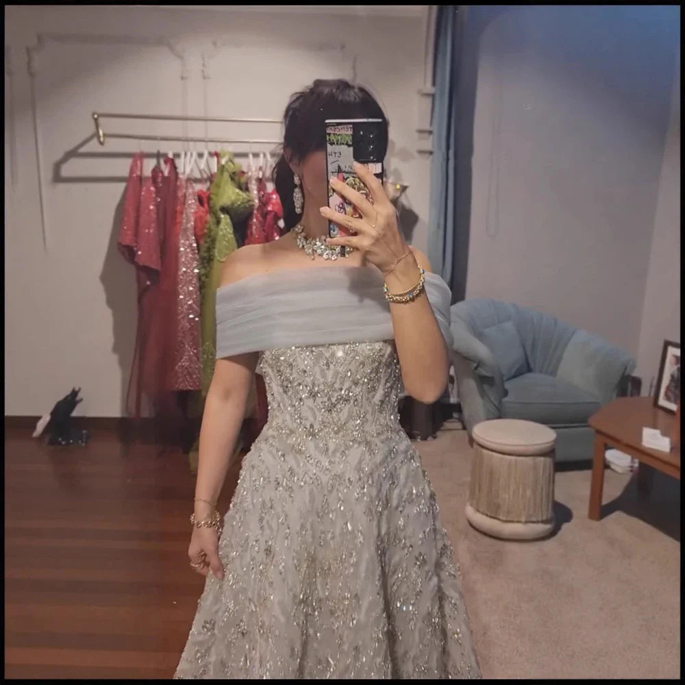 Glamorous Silver Gray Off-Shoulder Beaded Evening Dress LA73062