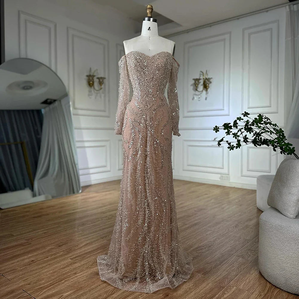 Luxury Beaded Evening Dress Off-Shoulder Long Sleeves Sequins LA72824A