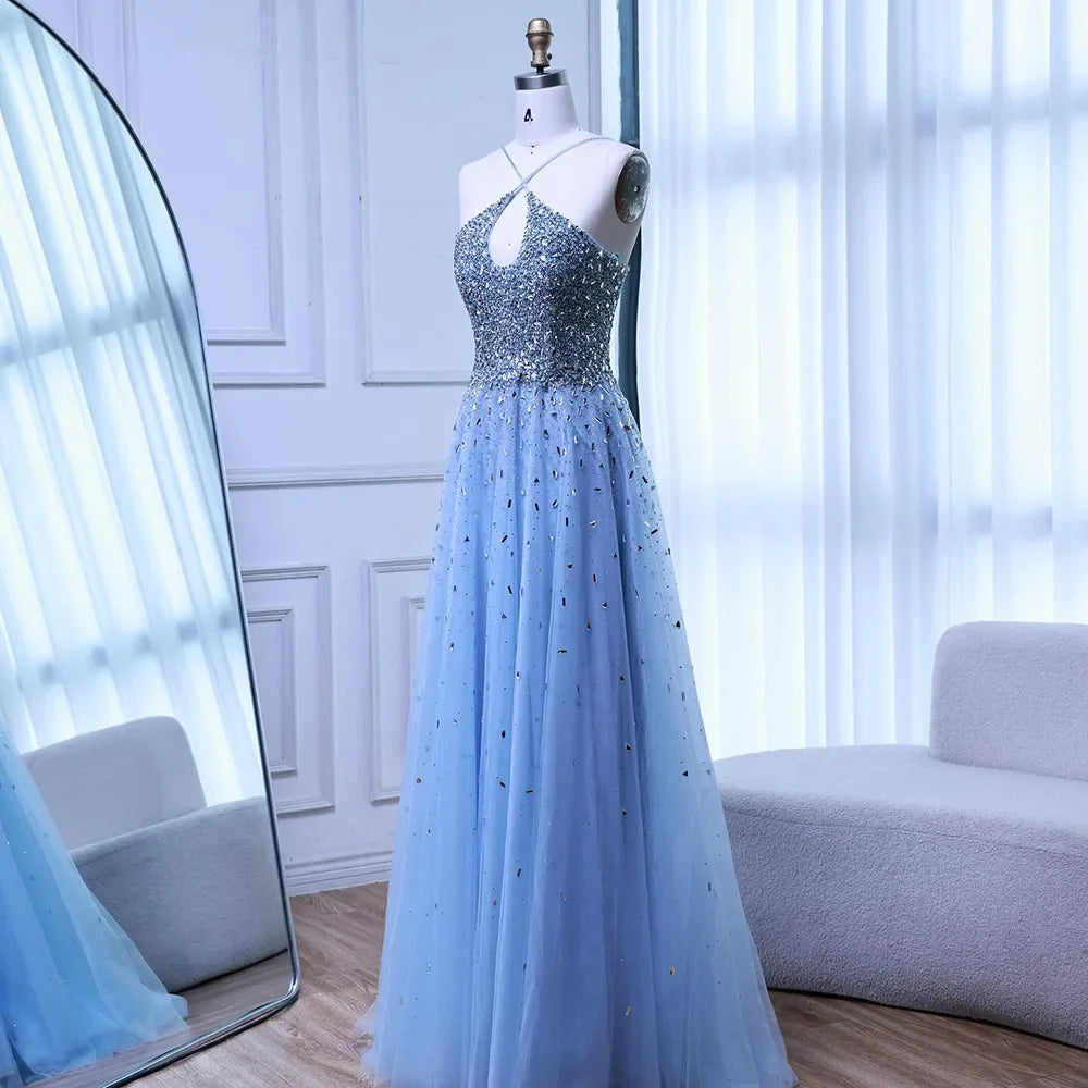 Caramel Halter Beaded Tulle A-Line Evening Gown Dubai Saudi LA72863