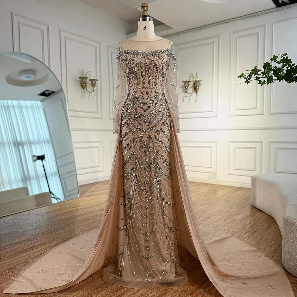 Luxury Off Shoulder Beaded Evening Dress with Long Sleeves and Train LA72930