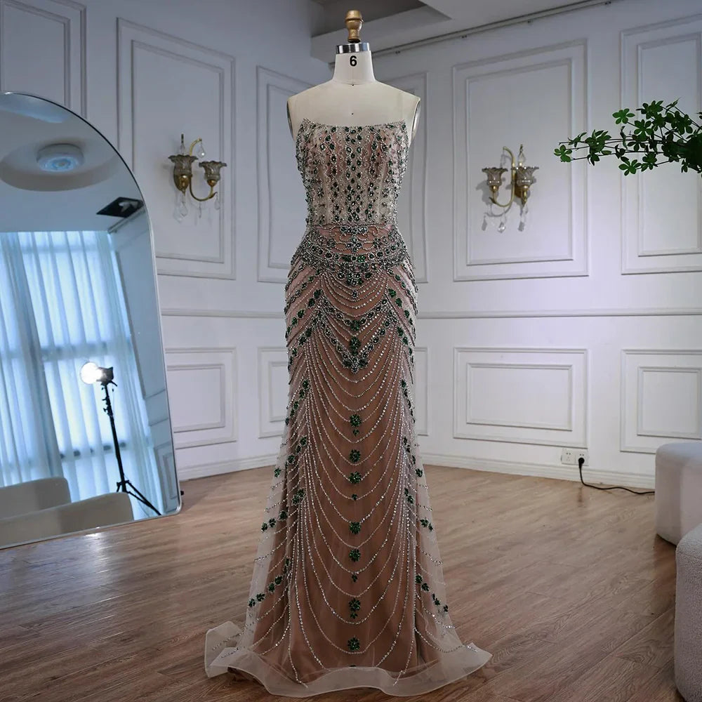 Luxury Green Beaded Saudi Arabic Evening Gown for Formal Occasion LA72842
