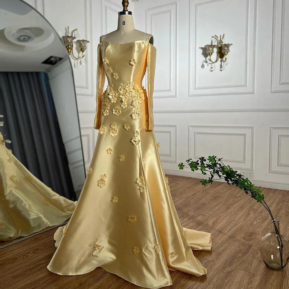 Luxury Dubai Arabia Yellow A-Line Satin Appliques Evening Dresses Gowns for Formal Occasion LA72833