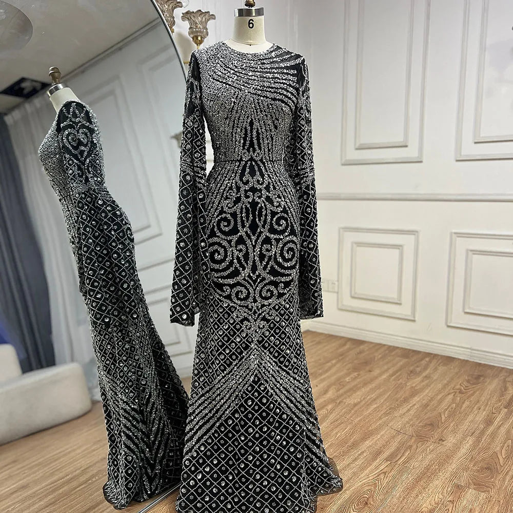 Luxury Flared Sleeves Caramel Beaded Mermaid Evening Dress LA72771