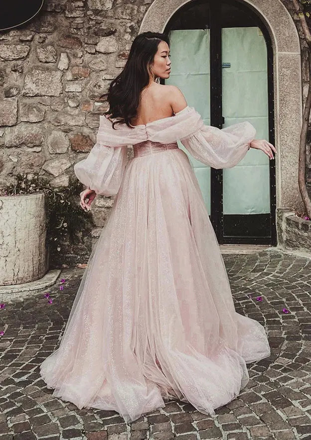 Serene Hill Arabic Pink A-Line Off-the-Shoulder Side Split Luxury Dubai Prom Dress for Women's Party LA72677