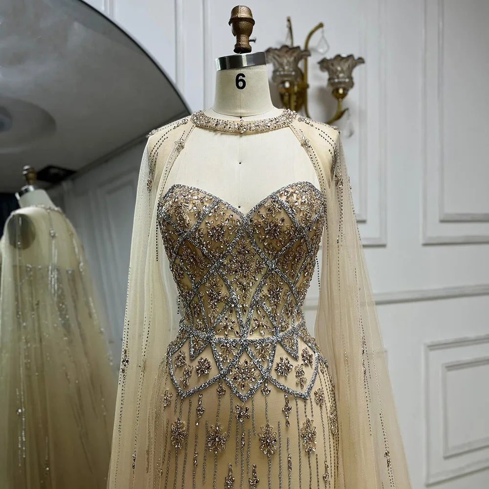 Luxury Dubai Nude Saudi Evening Gown Mermaid Detachable Cape Sleeves Luxury Beaded Dress for Formal Occasion LA72716