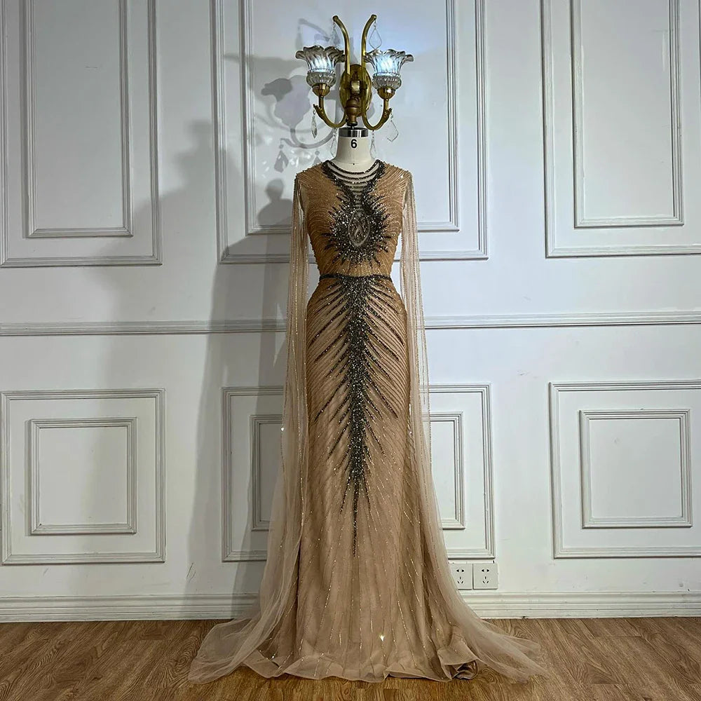 Luxury Caramel Beaded Evening Dress Gown with Cape Sleeves LA72940