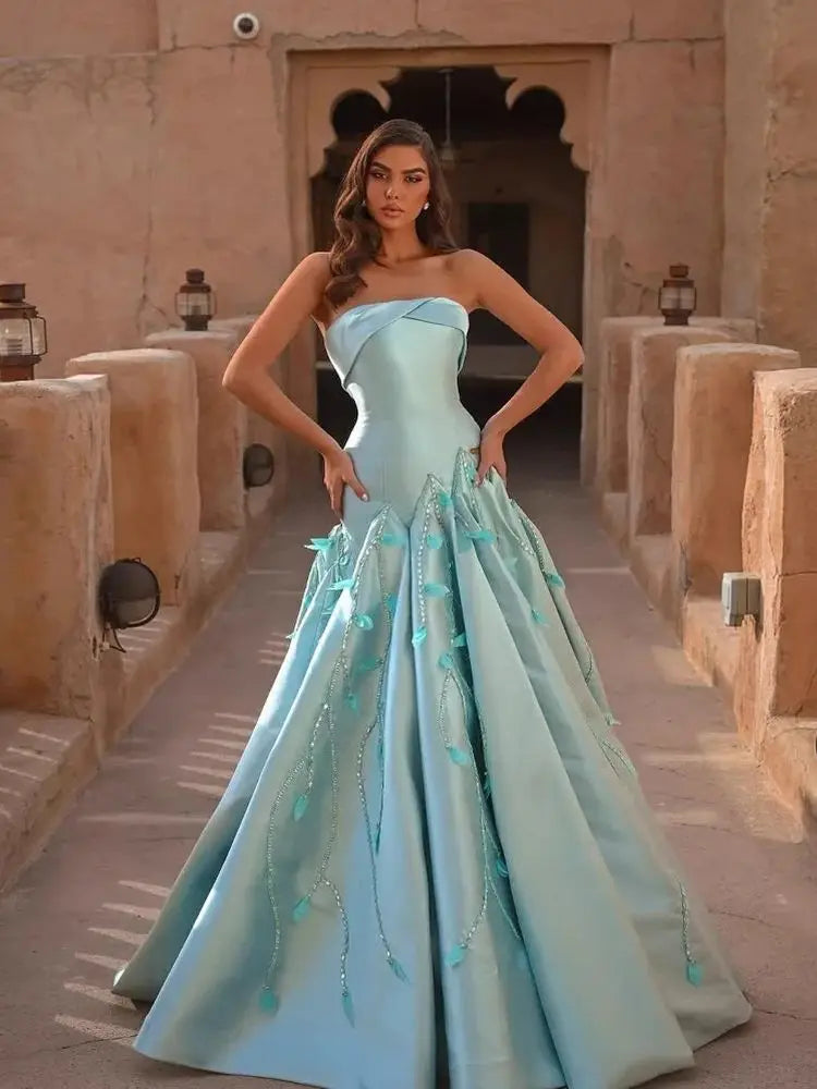Luxury Blue Strapless Satin Mermaid Evening Dress LA73046