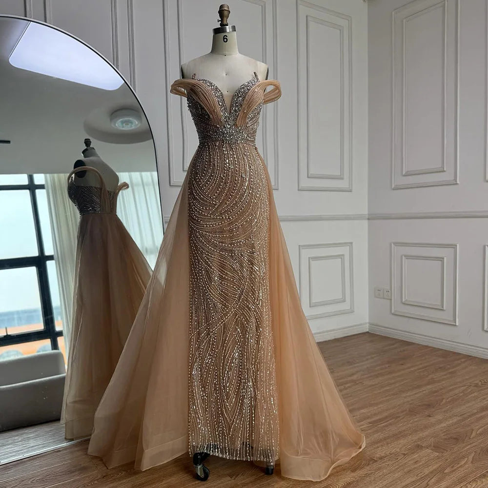 Luxury Nude Mermaid Off Shoulder Beaded Evening Dress with Overskirt LA73131