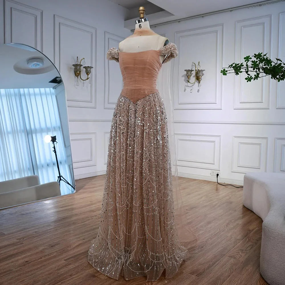 Luxury Arabic Pink Pearls Beaded Evening Dress With Cape LA72922