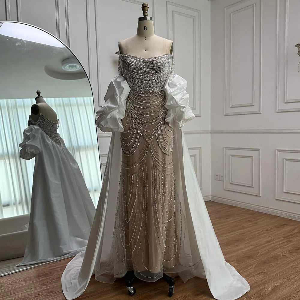 White Nude Beaded Mermaid Evening Dress with Satin Cape LA72253B