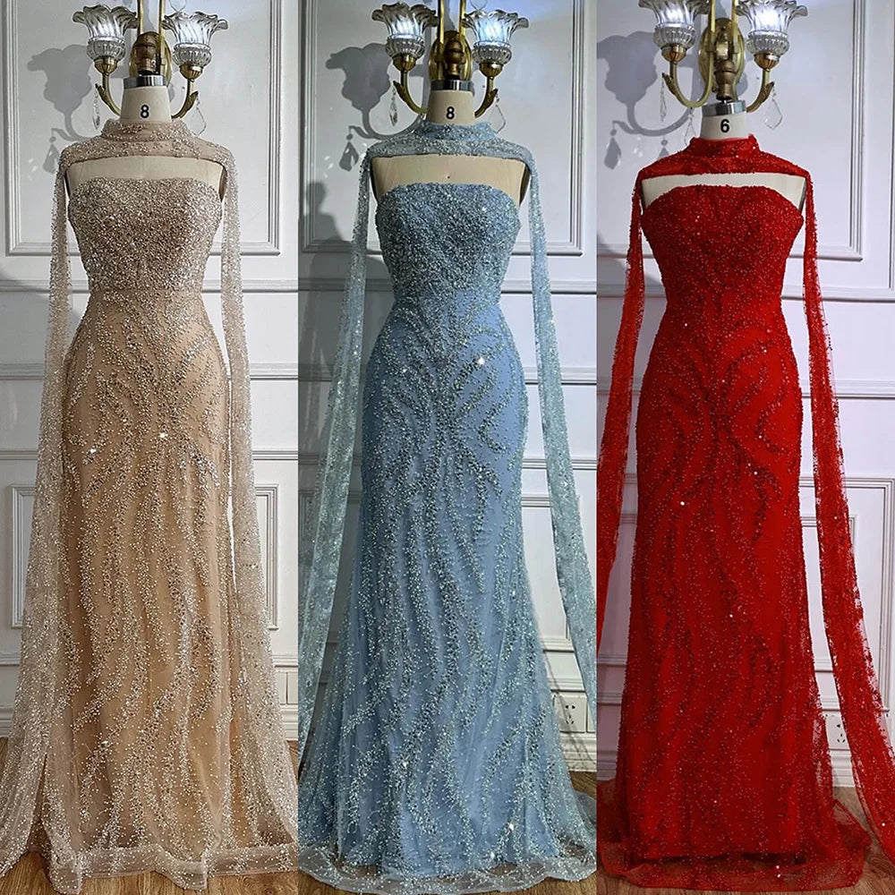 Luxury Nude Beaded Evening Dress with Cape Sleeves LA72824