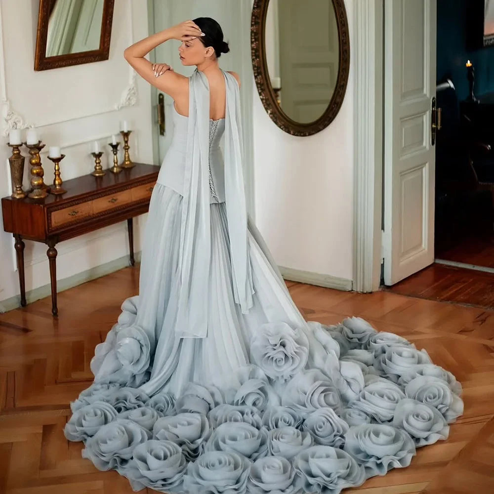 Elegant Sage Green 3D Flowers A Line Evening Dresses Gowns LA72913