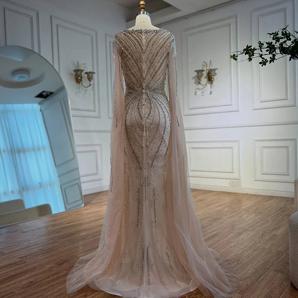 Luxury Designer Beige Beaded Evening Dress with Cape Sleeves LA72992