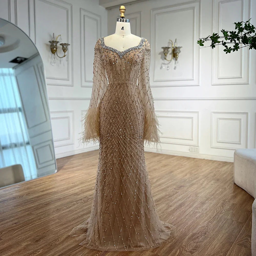 Luxury Nude Beaded Evening Dress with Feather Cuffs LA72892