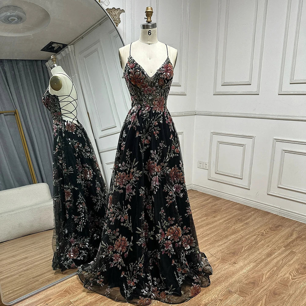 Luxury Dubai Spaghetti Strap A-Line Black Beaded Luxury Prom Dress for Formal Occasion Saudi Arabic LA72773