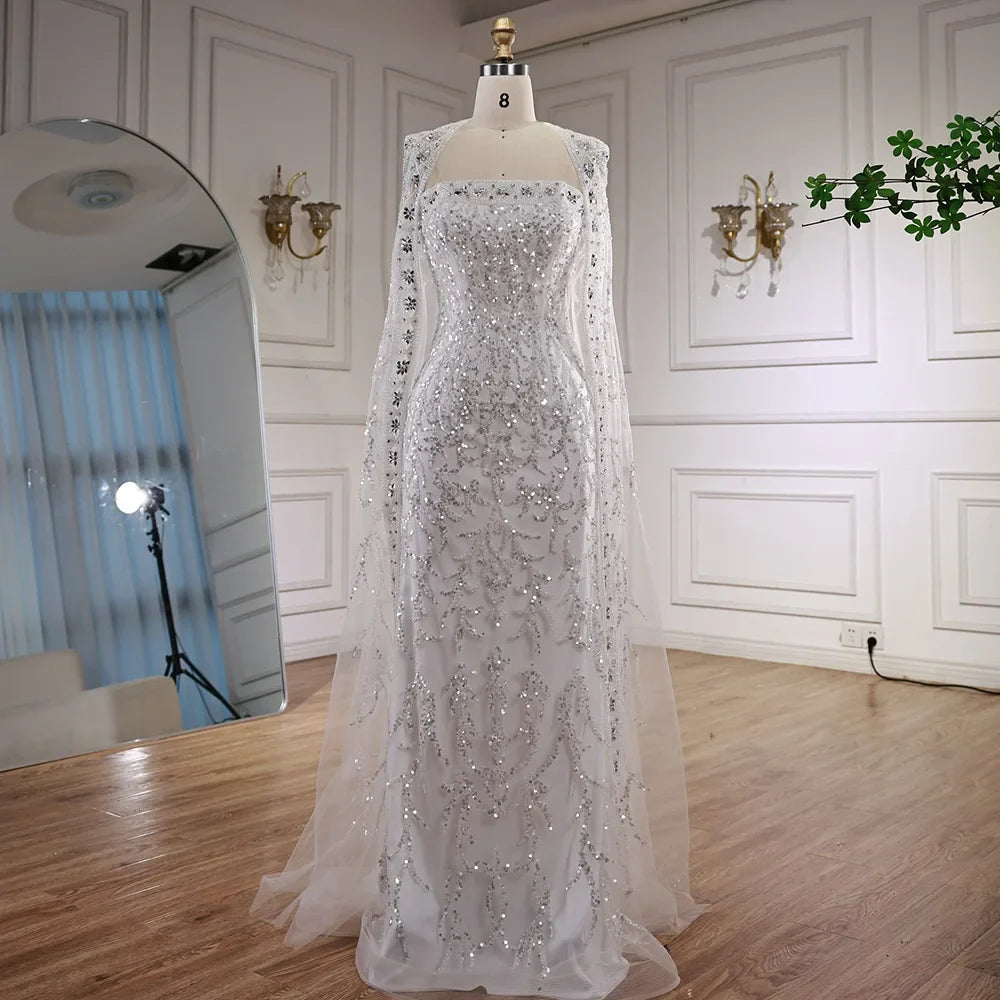 Luxury White Dubai Arabia Beading Evening Dress With Cape LA72870