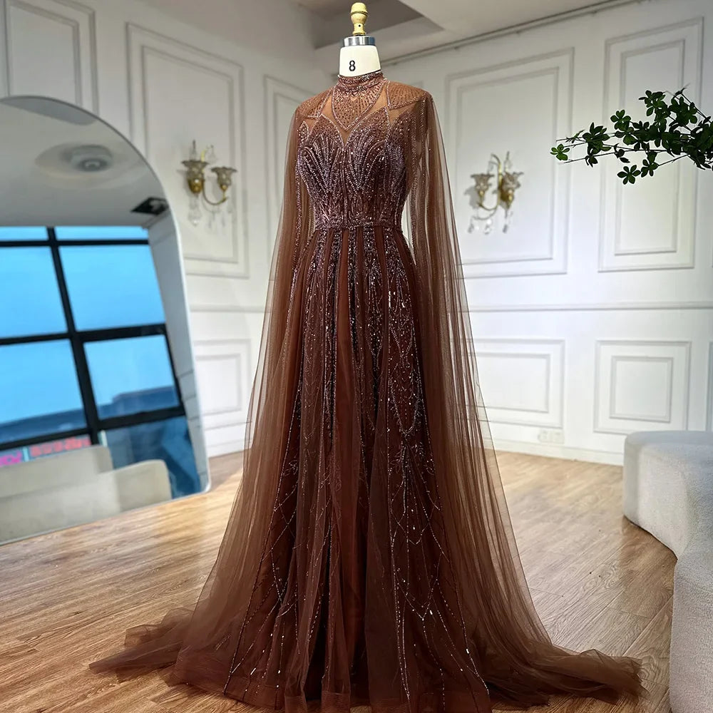 Luxury Brown Beaded Evening Gown with Cape Arabic Style LA72951