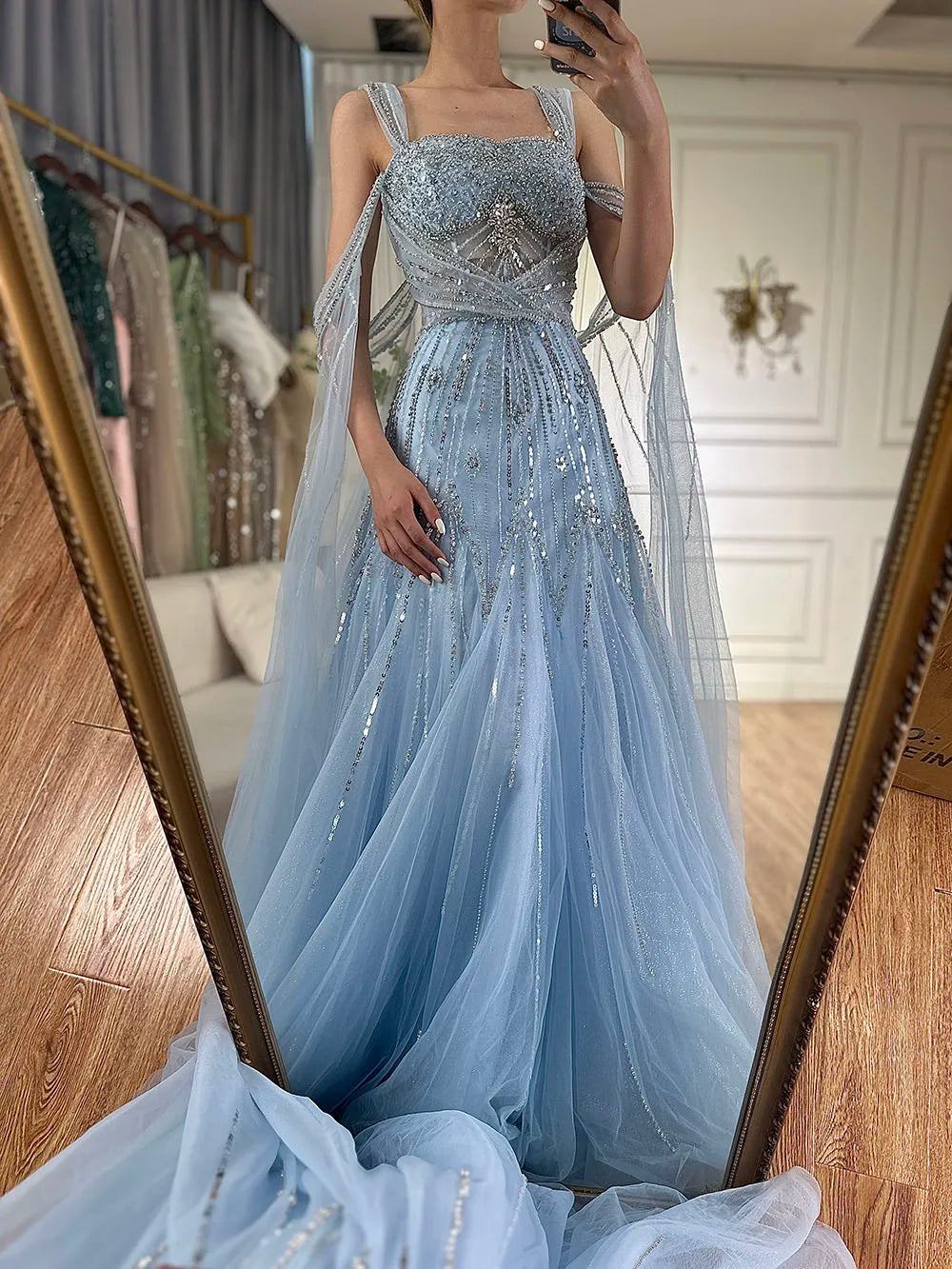 Luxury Dubai pink Beaded Spaghetti Strap Design A-Line Evening Dresses Gowns with Cape Sleeves for Formal Occasion LA72726