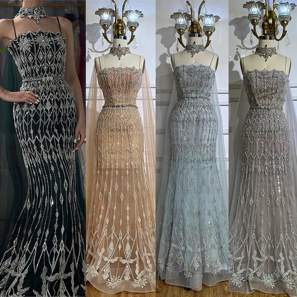 Luxury Nude Beaded Mermaid Evening Dress with Cape LA72711