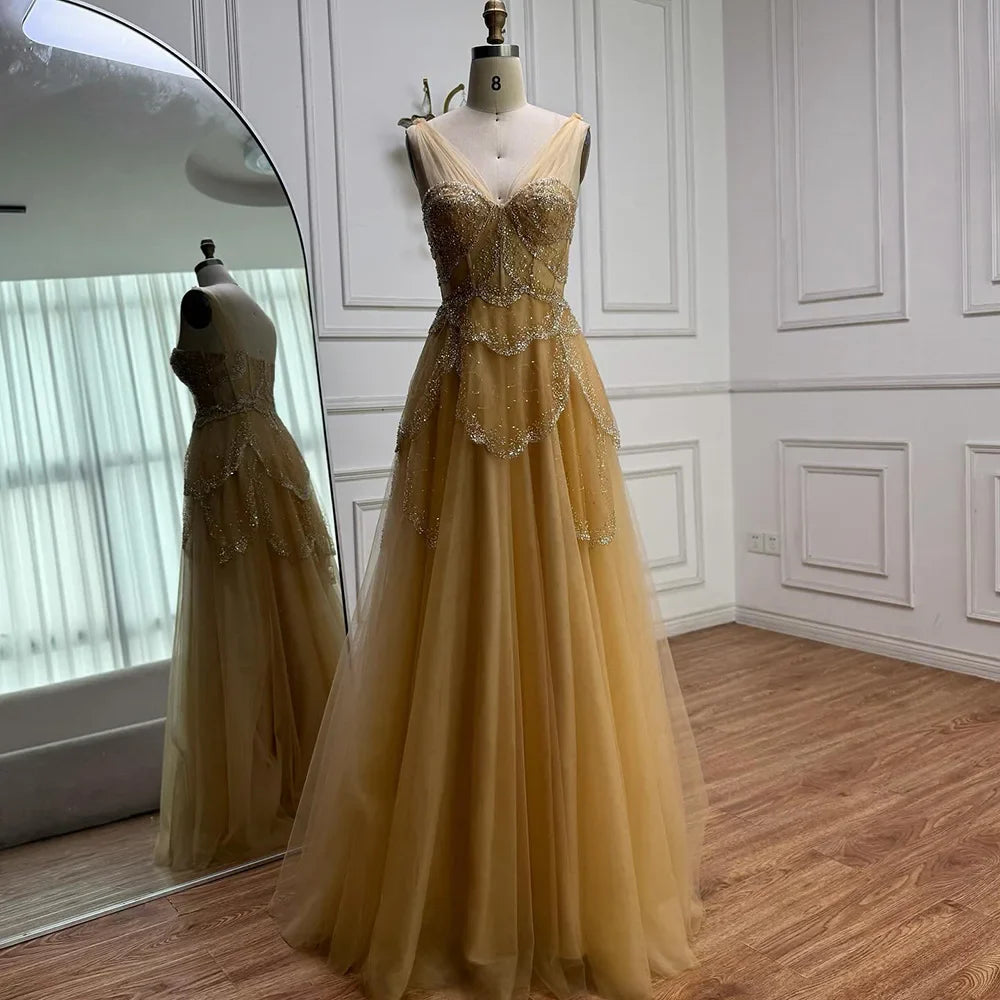 Luxury Sage Green Beaded A-Line Off-Shoulder Evening Dress LA72605