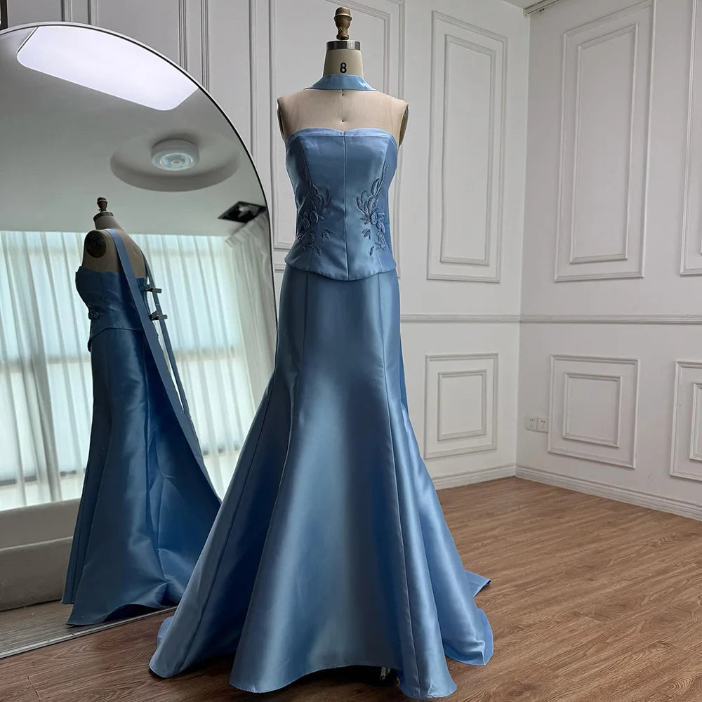 Luxury Blue Satin Mermaid Evening Dress with Long Scarf LA72831