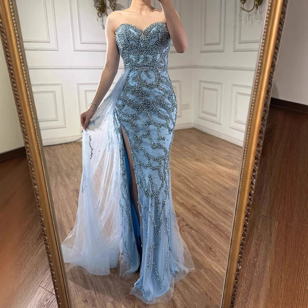 Luxury Dubai Saudi Arabic Blue Beaded Evening Gown Formal Slit LA72877