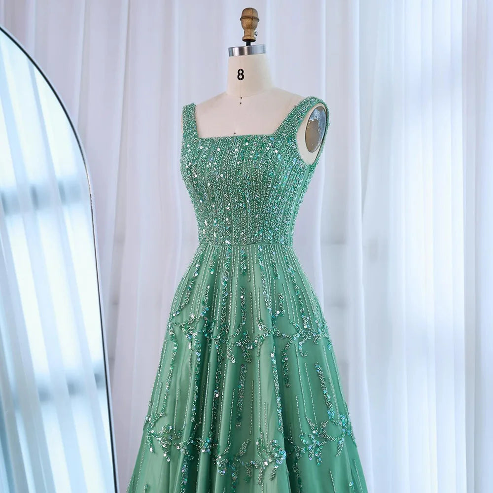 Elegant Sage Green Beaded A-Line Evening Dress LA73064