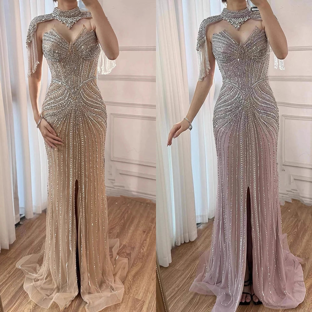 Nude Mermaid Evening Dress with Detachable High Neck Tassel LA72891A