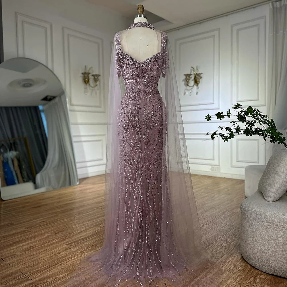 Luxury Caramel Beaded Mermaid Evening Gown with Cape Sleeves LA72921