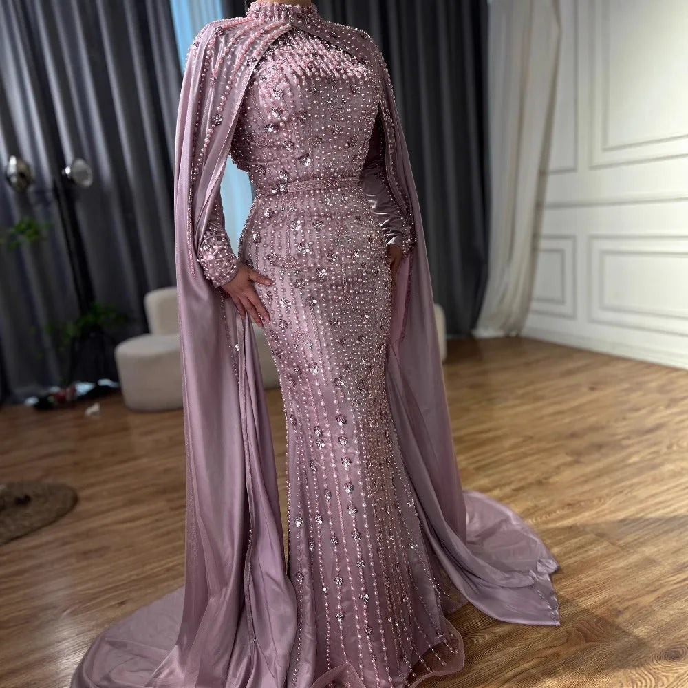 Modest Blue Muslim Beaded Evening Gown with Cape Sleeves LA72533