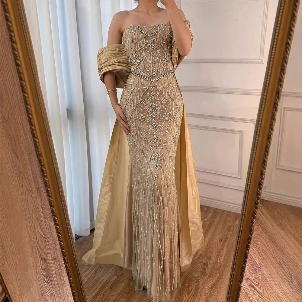 Luxury Dubai Nude Beaded Mermaid Evening Gown Off Shoulder Shawl Crystal Detailing for Formal Occasion LA72819