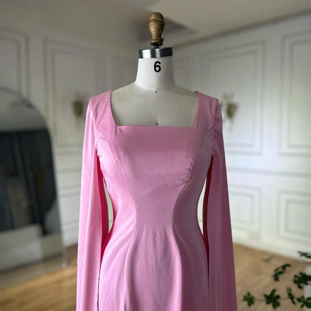 Luxury Arabic Pink Mermaid Evening Dress with Feather Cape LA72855