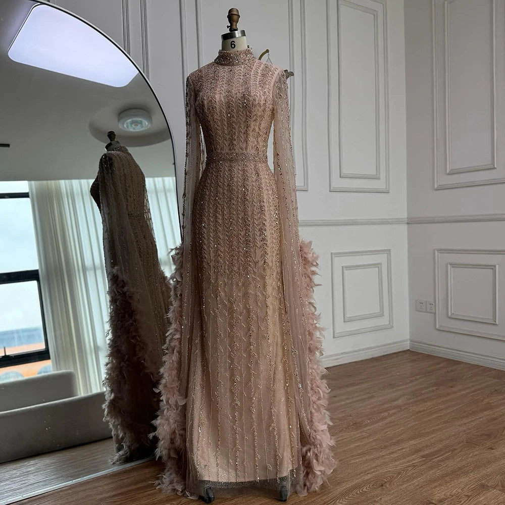 Elegant Rose Gold Evening Dress Featuring Feathered Cape Sleeves LA72947