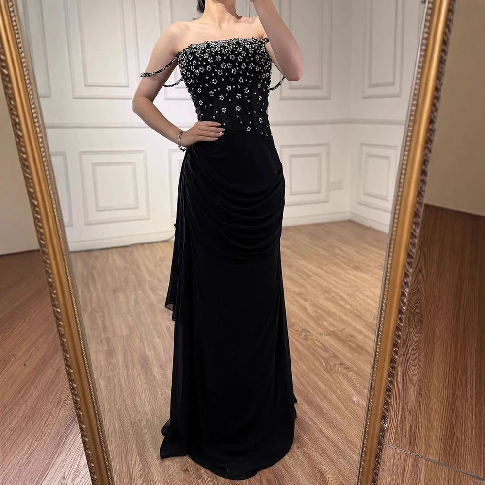 Luxury Black Beaded Mermaid Prom Dress with Spaghetti Straps LA73047