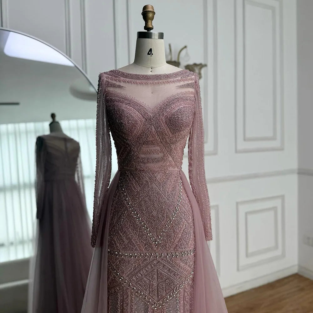 Luxury Dubai Nude Evening Dress With Long Sleeves LA72967