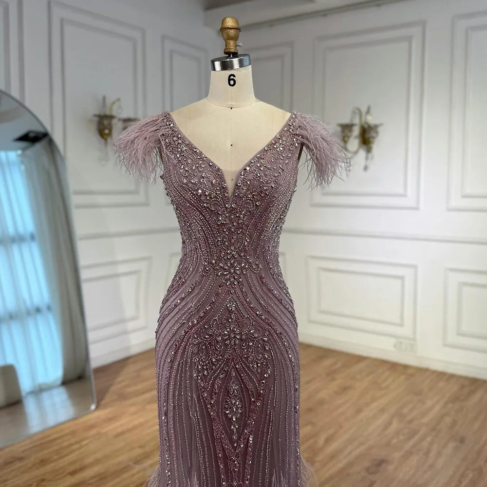 Luxury Designer Pink Feather Beaded Mermaid Evening Dress LA73098