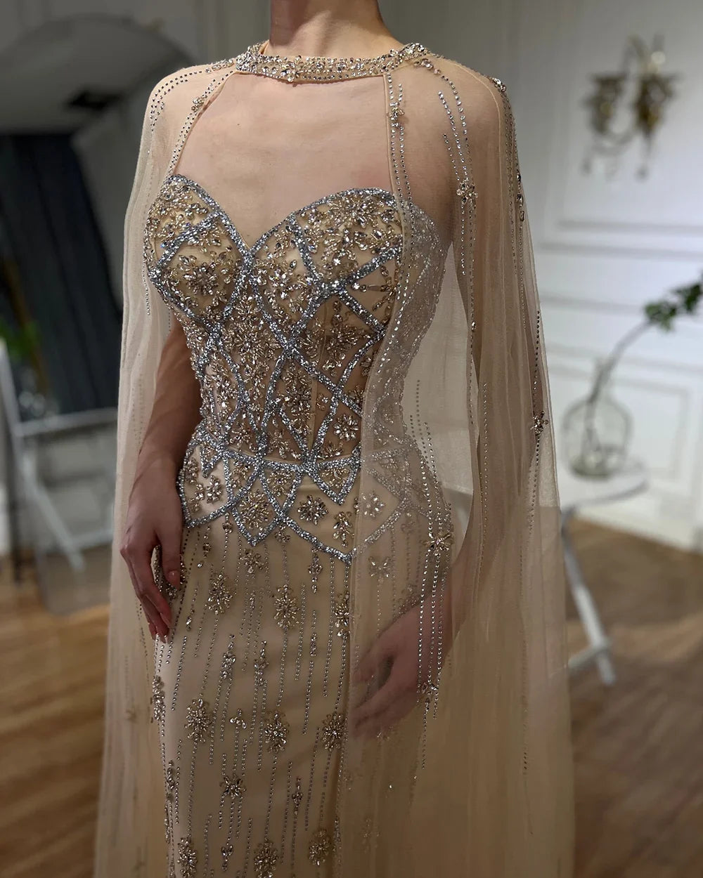 Luxury Dubai Nude Saudi Evening Gown Mermaid Detachable Cape Sleeves Luxury Beaded Dress for Formal Occasion LA72716