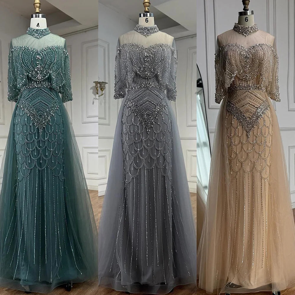Luxury Gray Beaded Evening Dress with Overskirt LA73129