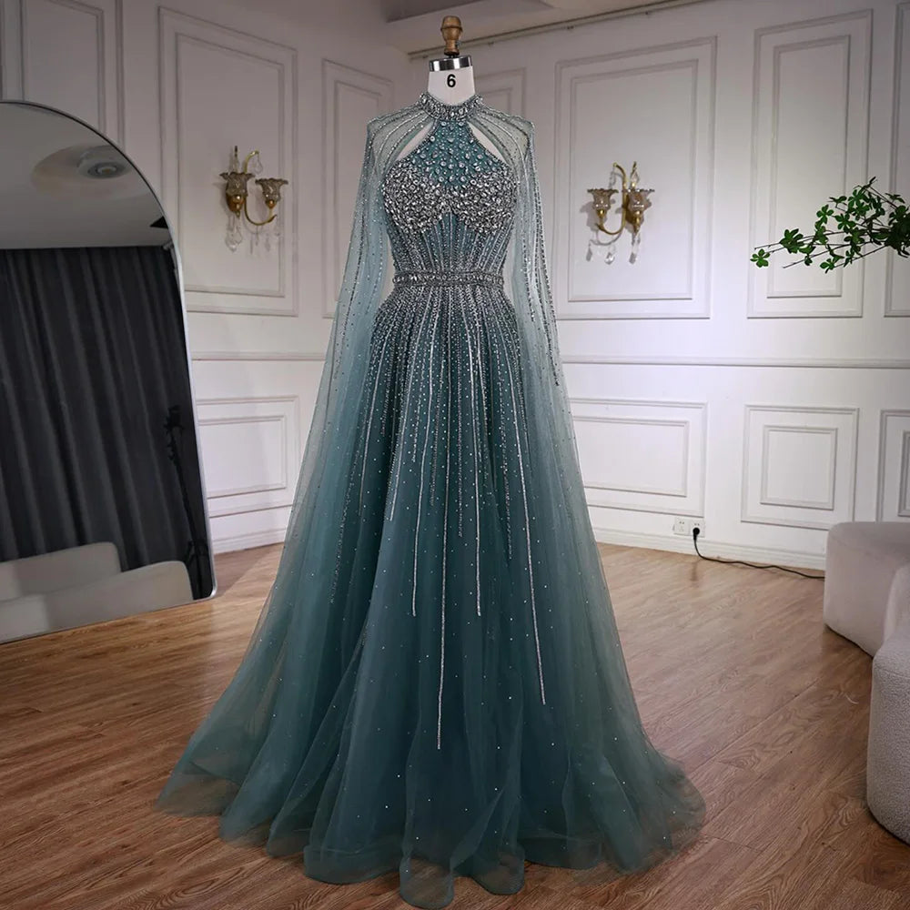 Luxury Beaded A-Line Evening Dress with Cape Sleeves LA73054