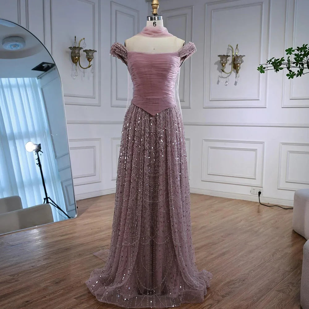 Luxury Arabic Pink Pearls Beaded Evening Dress With Cape LA72922