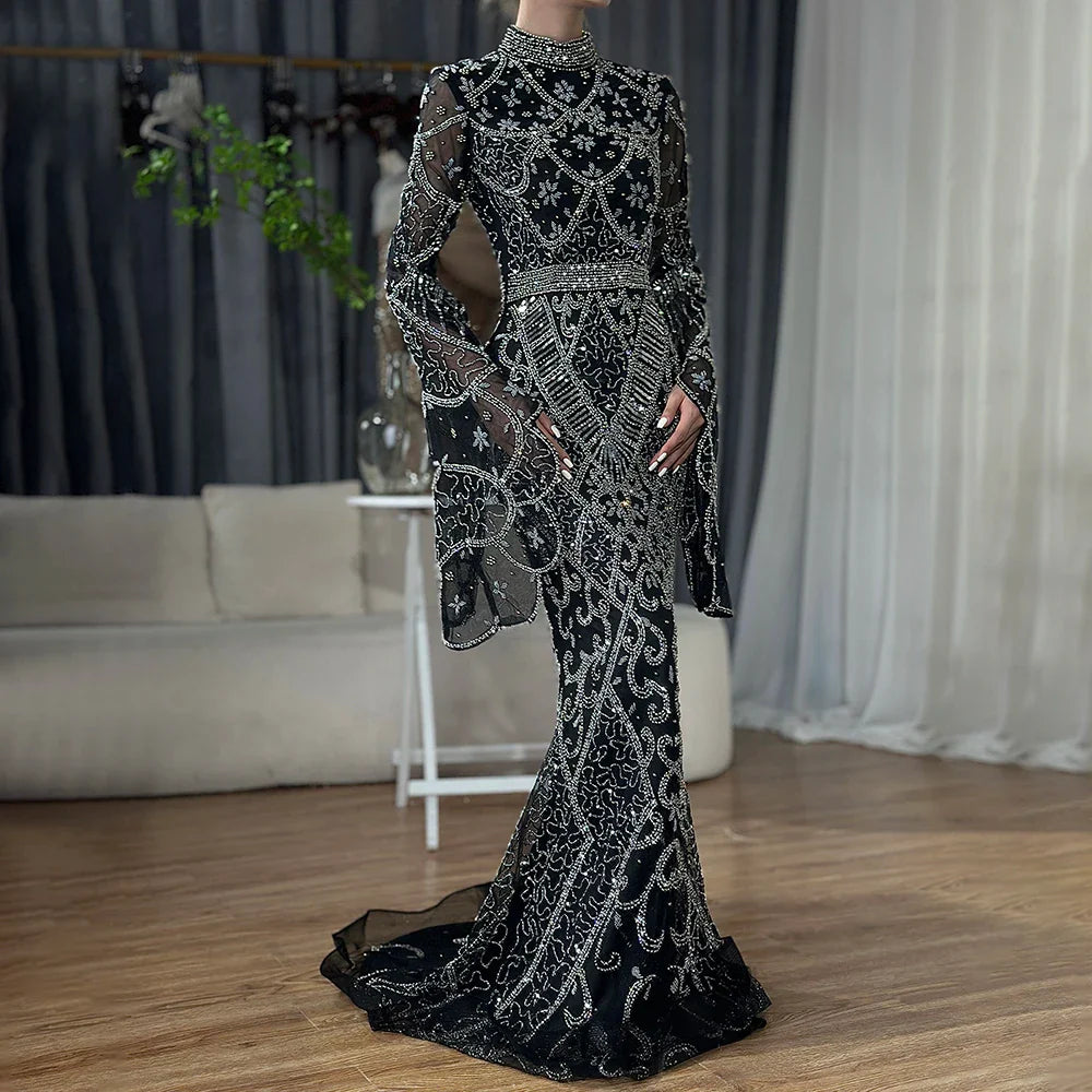 Muslim Grey Mermaid Long Sleeve Beaded Evening Dress LA72316