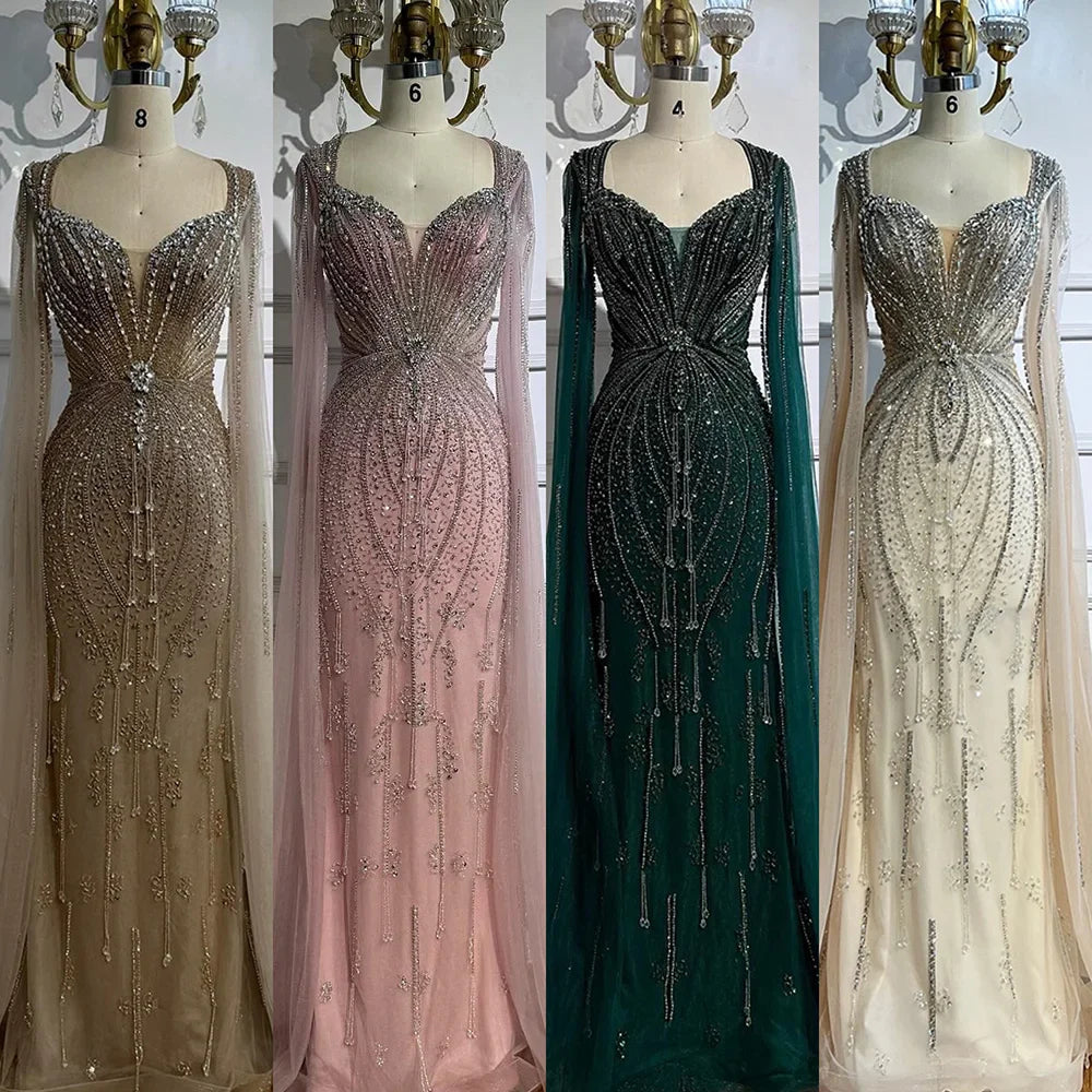 Luxury Designer Beige Beaded Evening Dress with Cape Sleeves LA72992