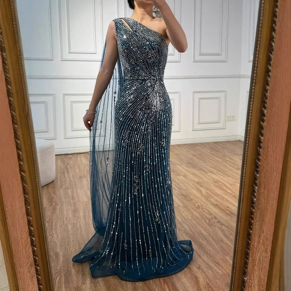 Luxury Black One Shoulder Mermaid Evening Dress with High Slit LA72829