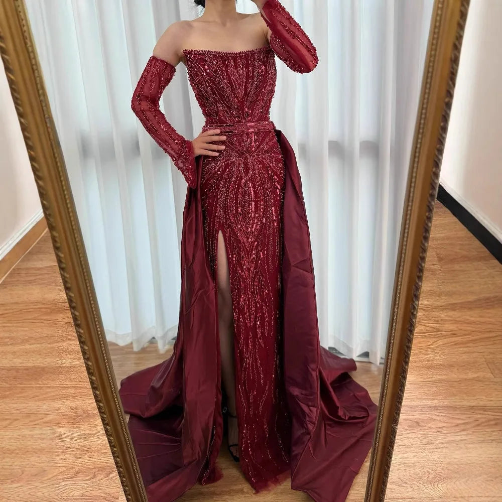 Luxury Wine Red Beaded Evening Dress Gown with Gloves and Overskirt LA72935