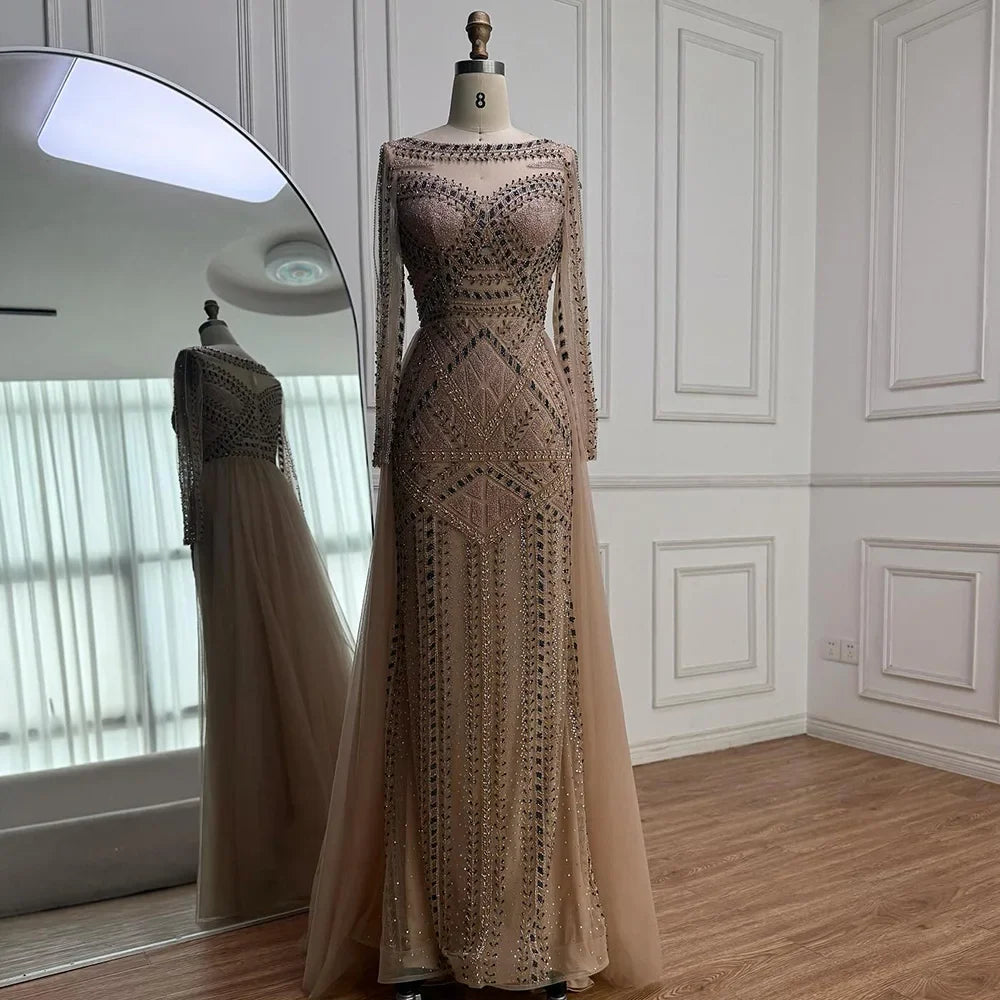 Luxury Dubai Nude Evening Dress With Long Sleeves LA72967