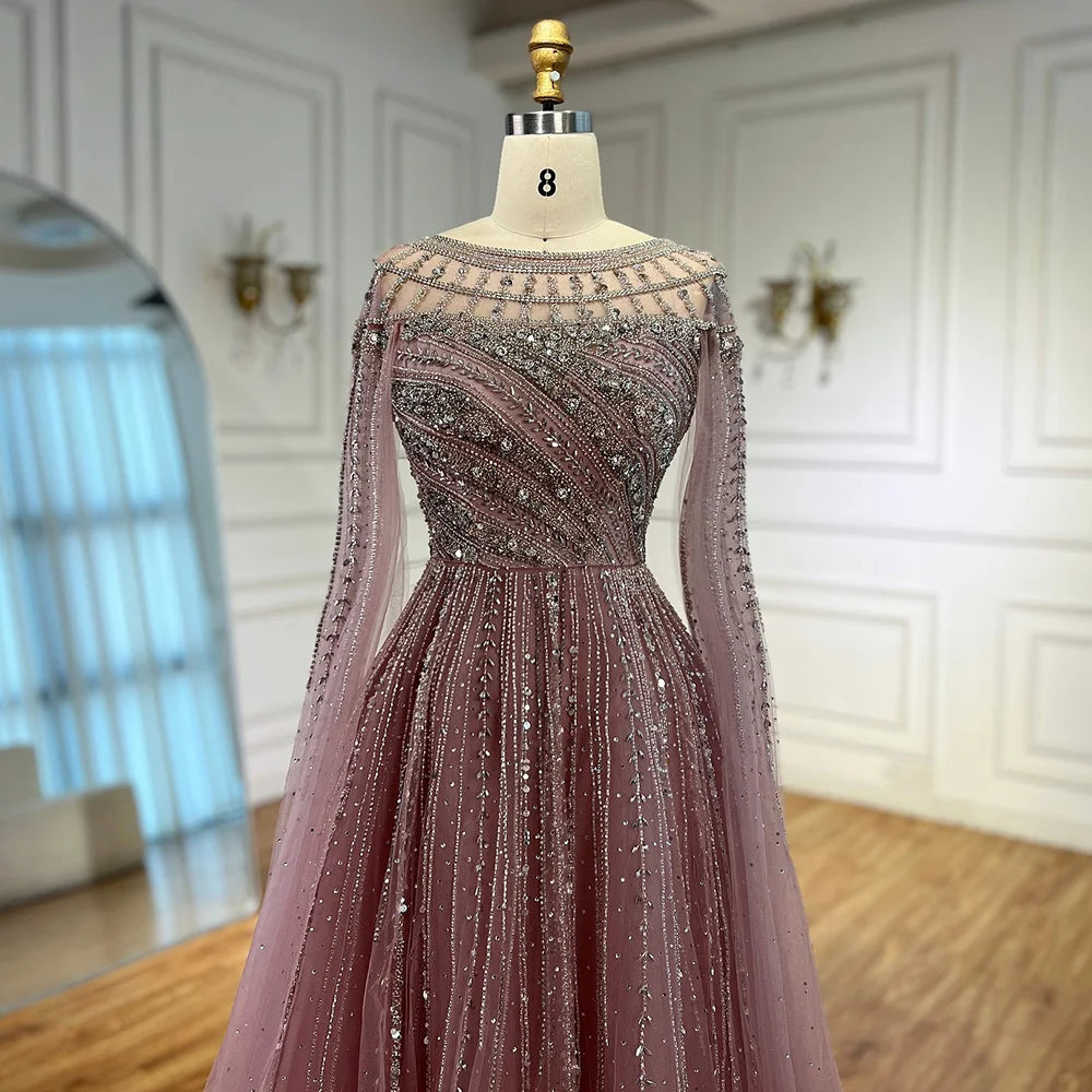 Luxury Caramel Beaded Evening Dress with Cape LA72994
