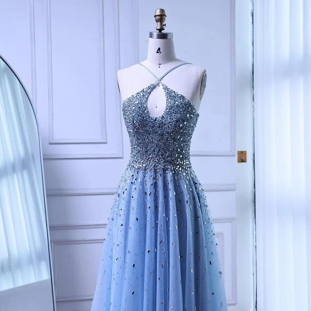 Caramel Halter Beaded Tulle A-Line Evening Gown Dubai Saudi LA72863