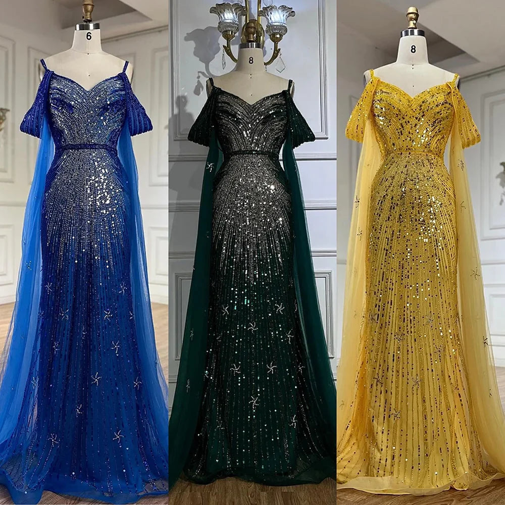 Serene Hill Spaghetti Strap Blue Mermaid Beaded Luxury Evening Dress with Cape Sleeves for Formal Occasion Saudi LA72707