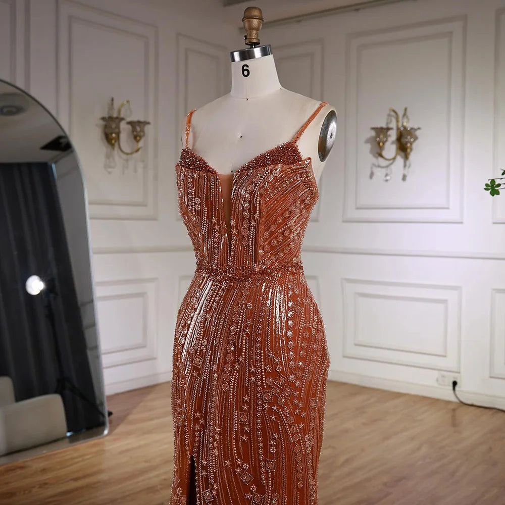 Orange Beaded Evening Dress with Slit Spaghetti Straps LA72542